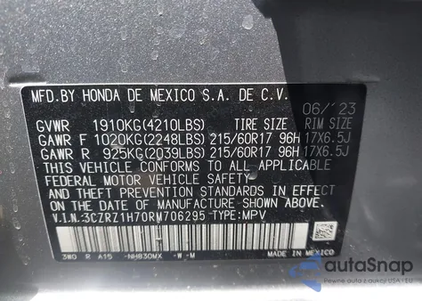 2024 Honda Hr-V 2Wd Ex-L/2Wd Ex-L W/O Bsi from USA, damaged, VIN 3CZRZ1H70RM706295